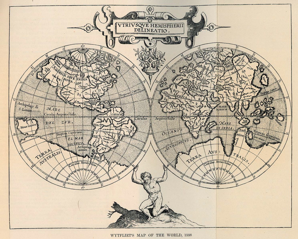 Vtrivsque Hemispherii Delineatio, Cornelius Wytfliet published this world map in his atlas, Descriptiones Ptolemicae Augmentum, in 1597